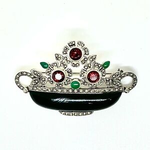 Vintage 925 Onyx Floral Bowl Brooch